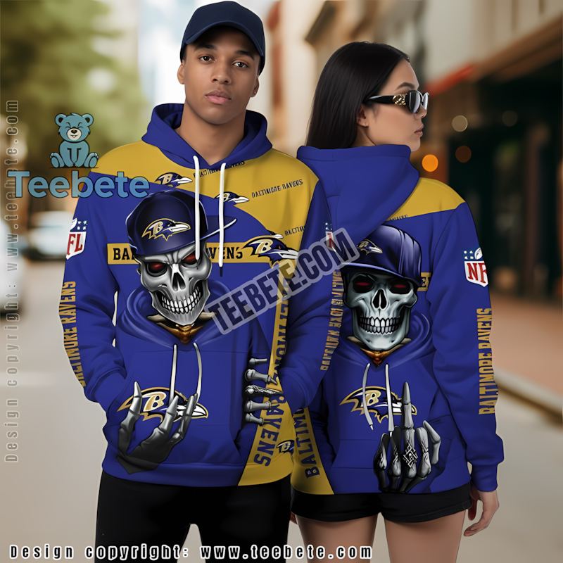 Baltimore Ravens Skull Halloween 3D Hoodie Boys Blue Yellow