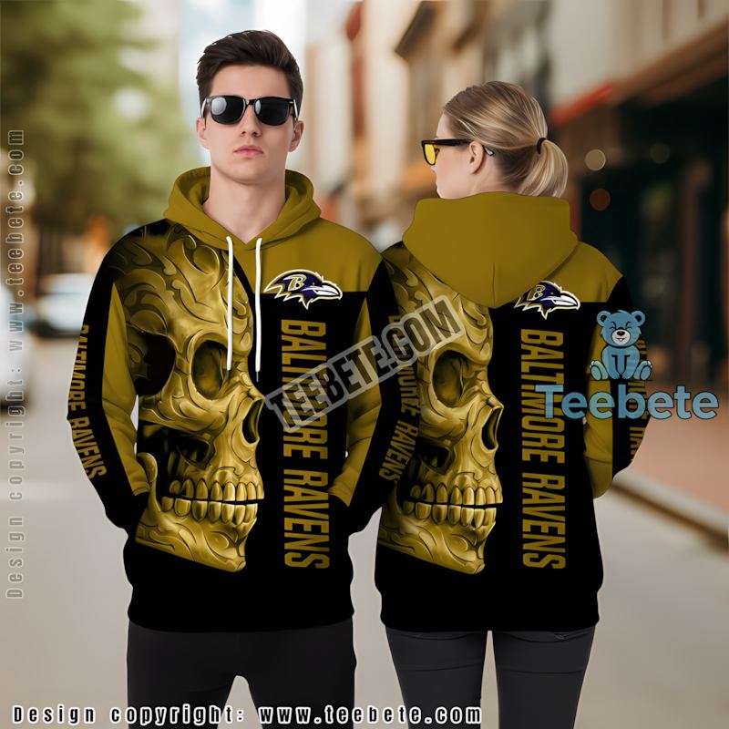 Baltimore Ravens Skull Halloween 3D Hoodie Printed Yellow Black