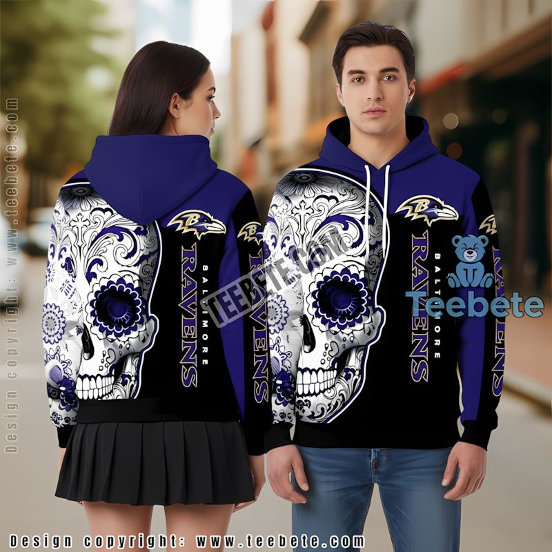 Baltimore Ravens Skull 3D Zip Up Hoodie White Blue