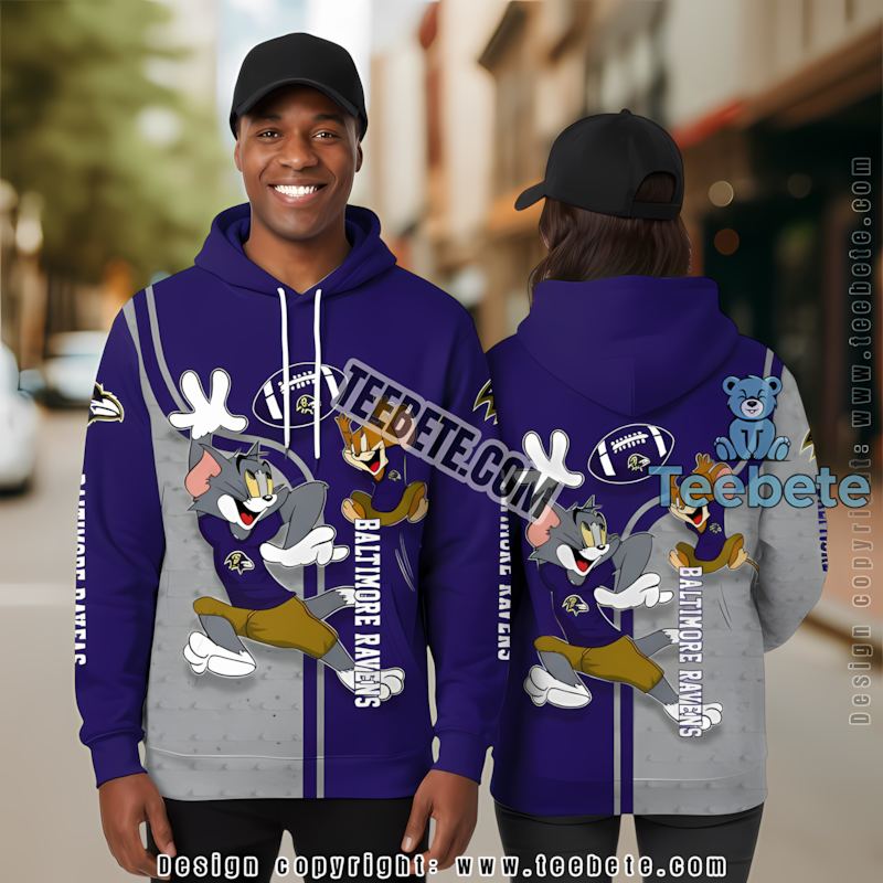 Baltimore Ravens Tom And Jerry 3D Hoodie Zipper Blue Grey
