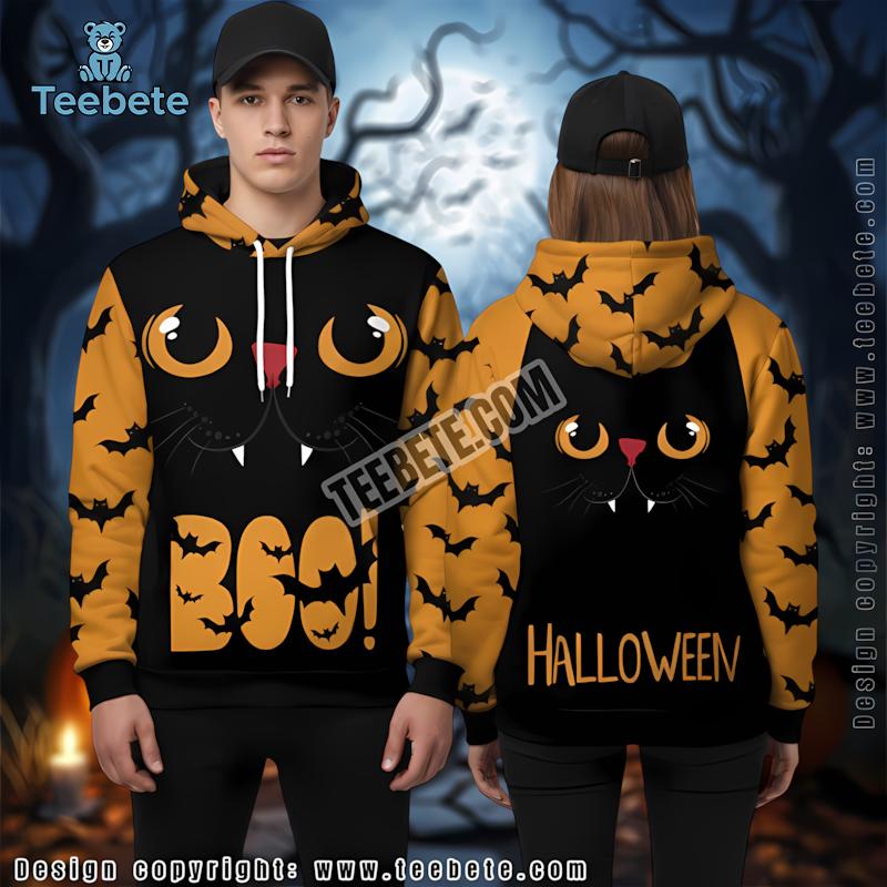 Happy Halloween Black Cat Boo 3D Graphic Yellow Hoodie