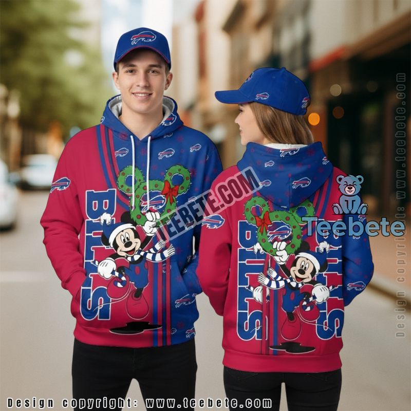 Buffalo Bills Christmas Wreath Mickey 3D Hoodie Graphic Mens Blue Red