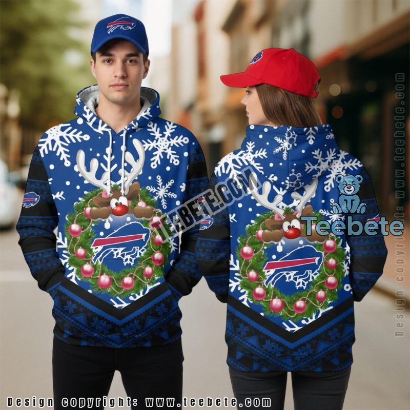 Buffalo Bills Christmas Wreath Reindeer 3D Hoodie Puff Print Blue