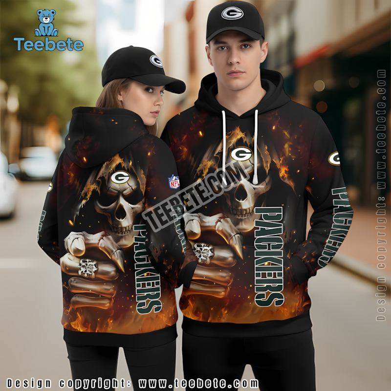 Green Bay Packers Burning Skull 3D Hoodie Yellow Youth Green Bay Packers Burning Skull 3D Hoodie Yellow Youth