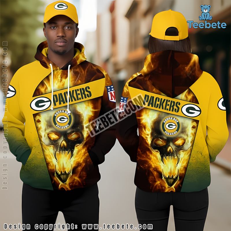 Green Bay Packers Burning Skull 3D Hoodie Yellow Youth
