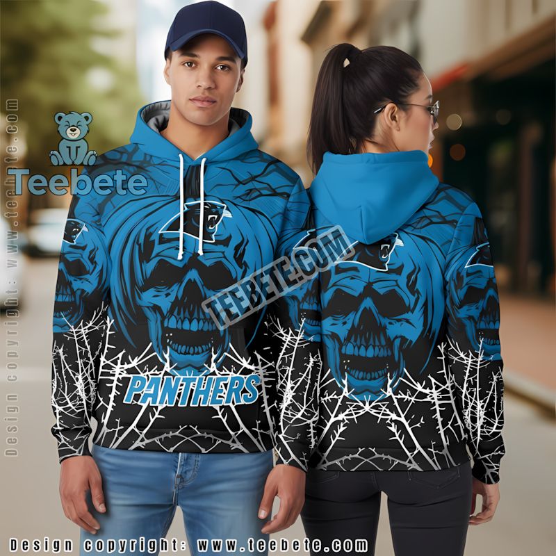 Carolina Panthers Pumpkin Skull Halloween 3D Hoodie Black Blue For Sale