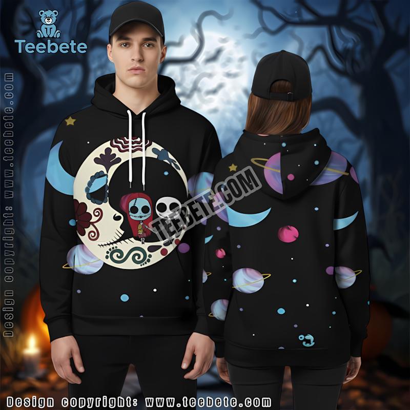 Jack Skellington And Sally Halloween Black Chibi 3D Hoodie For Men