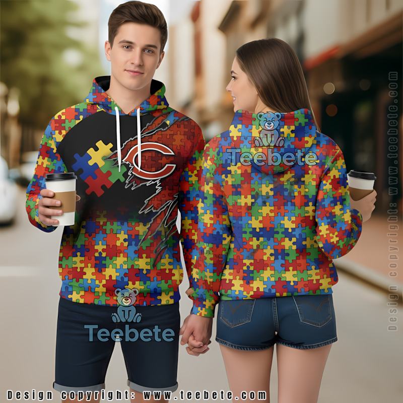 Chicago Bears Autism Awareness Puzzle 3D Hoodie Men Red