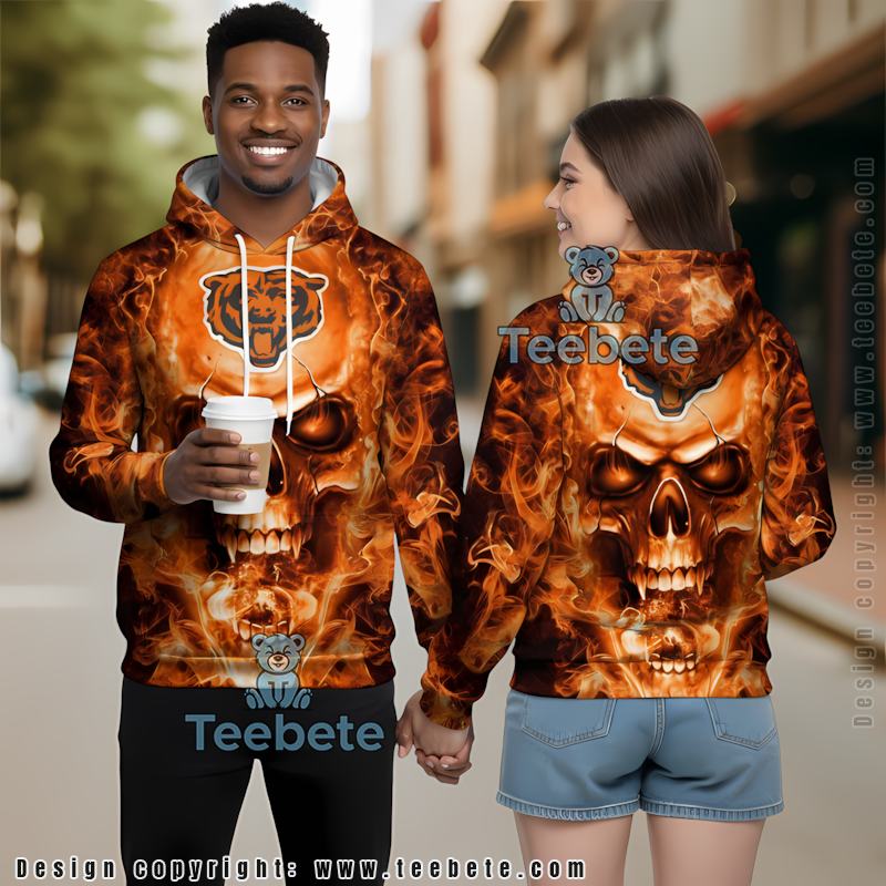 Chicago Bears Fire Skull 3D Pullover Hoodie Orange