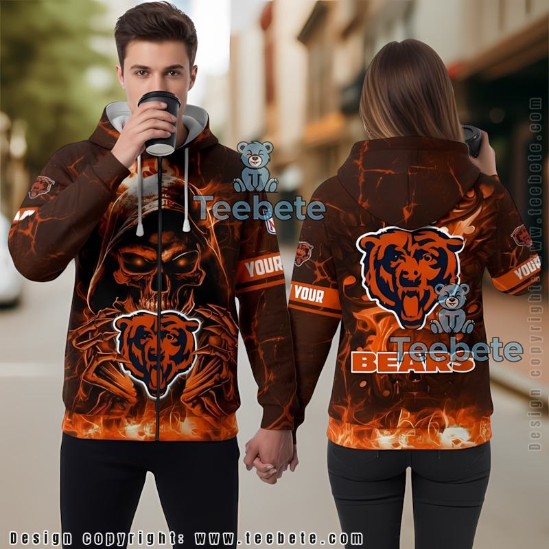 Chicago Bears Flaming Skull 3D Hoodie Men Yellow