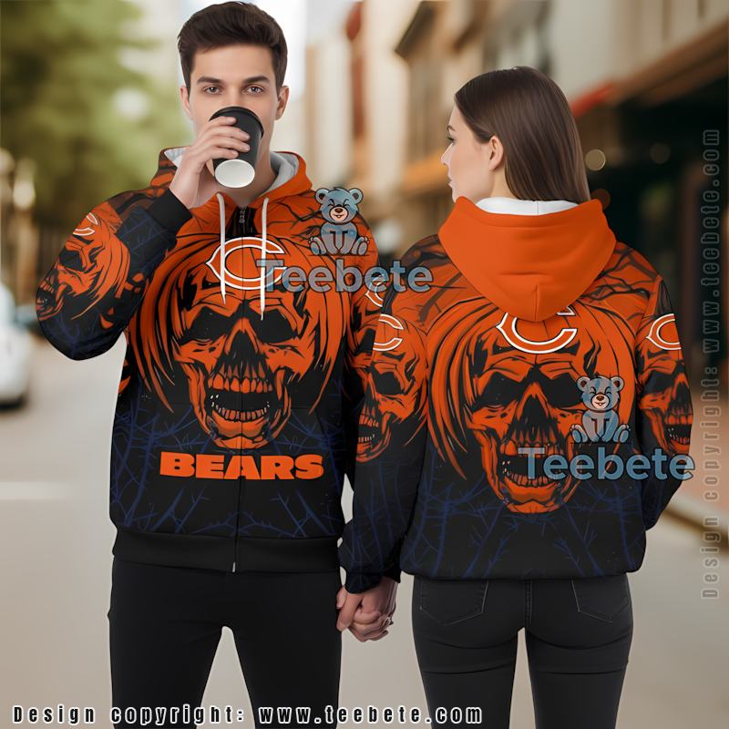 Chicago Bears Pumpkin Skull 3D Hoodie Men Orange