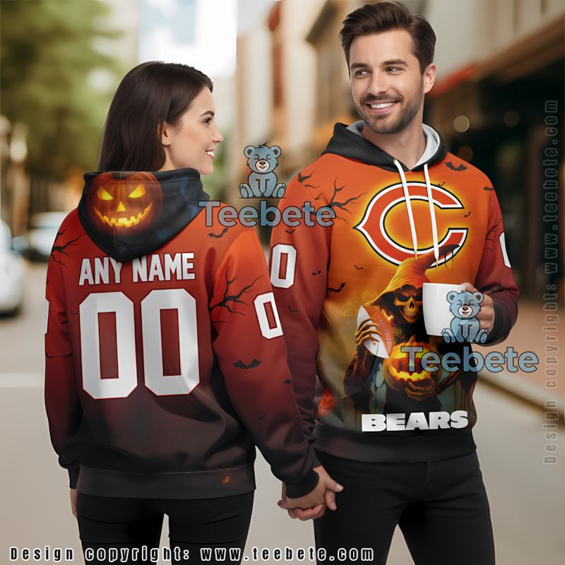 Chicago Bears Pumpkin Skull Halloween 3D Hoodie Zipper Yellow