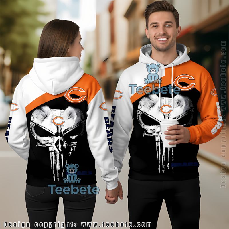 Chicago Bears Punisher Skull 3D Pullover Hoodie Blue