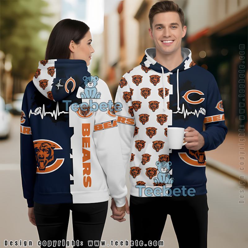 Chicago Bears Two Tone Heartbeat 3D Hoodie Men Blue