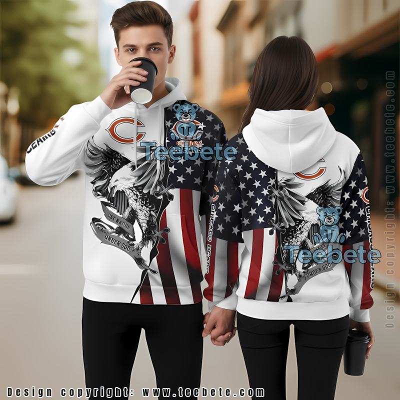 Chicago Bears Us Flag Bald Eagle 3D Pullover Hoodie White