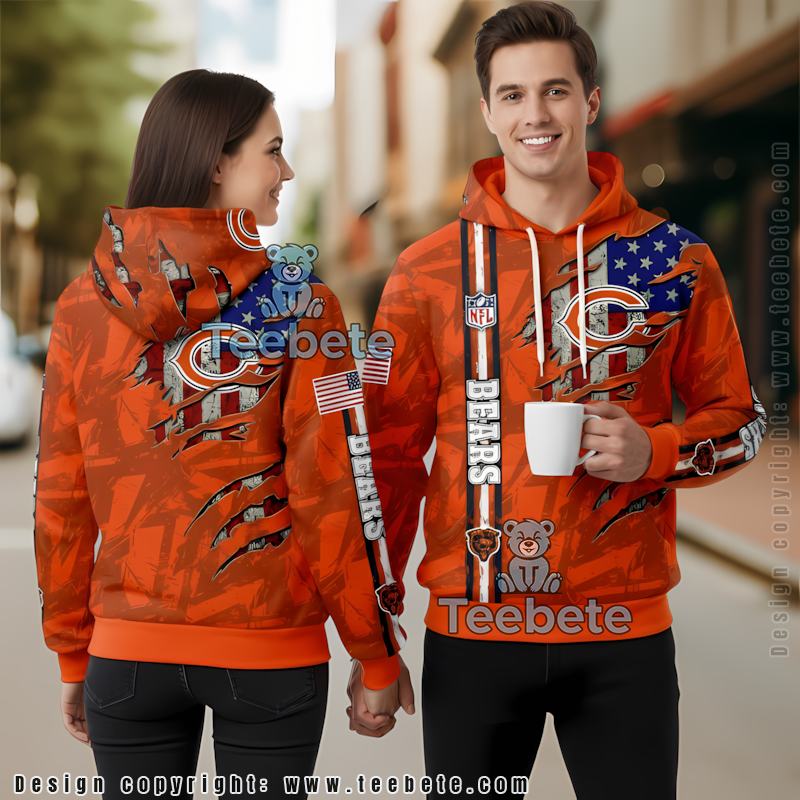 Chicago Bears Us Flag Ripped 3D Hoodie Men Orange