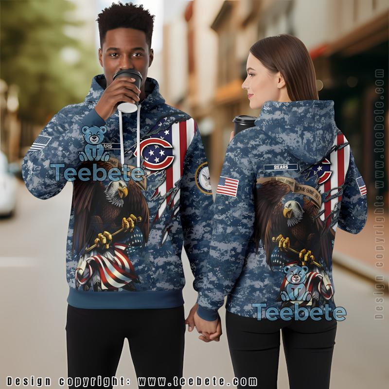Chicago Bears Us Navy Ripped Flag 3D Zip Up Hoodie Blue