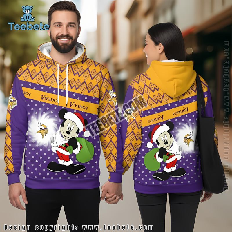 Christmas Mickey Mouse Minnesota Vikings 3D Hoodie Purple Yellow Womens