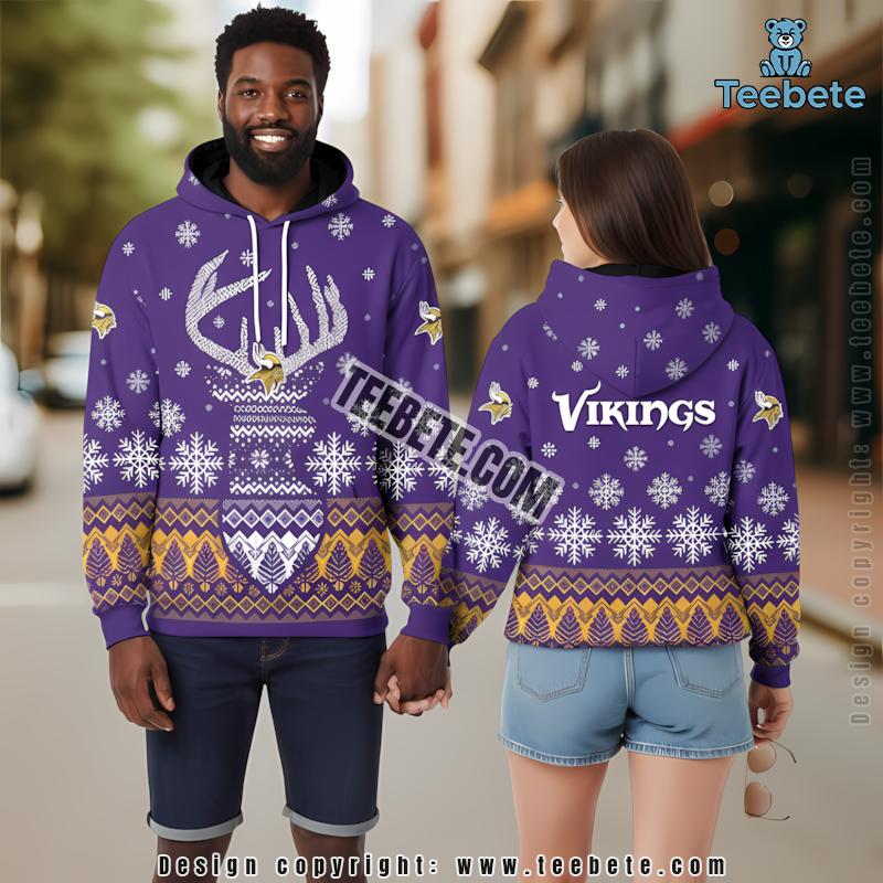 Christmas Reindeer Minnesota Vikings 3D Zip Up Hoodie Purple