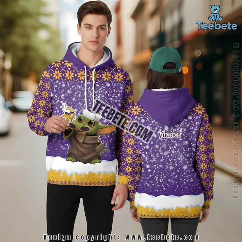 Christmas Santa Baby Yoda Minnesota Vikings 3D Hoodie Purple White Boys