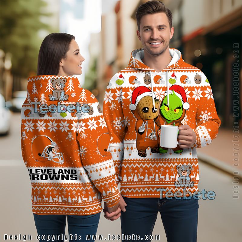 Cleveland Browns Baby Groot And Grinch Ugly 3D Printed Hoodie Orange