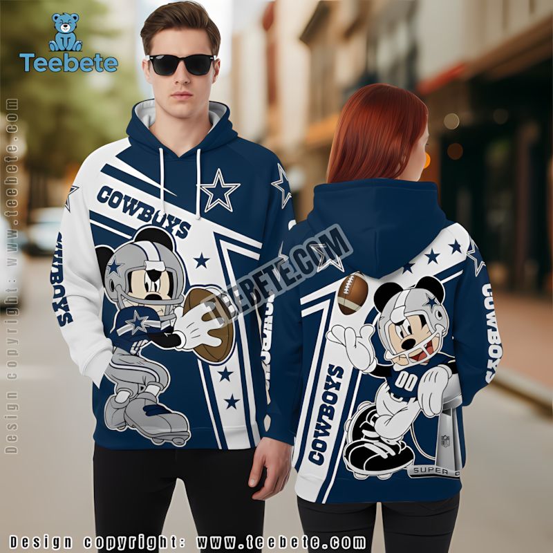 Dallas Cowboys Mickey Mouse 3D Hoodie Blue White Pullover Printed