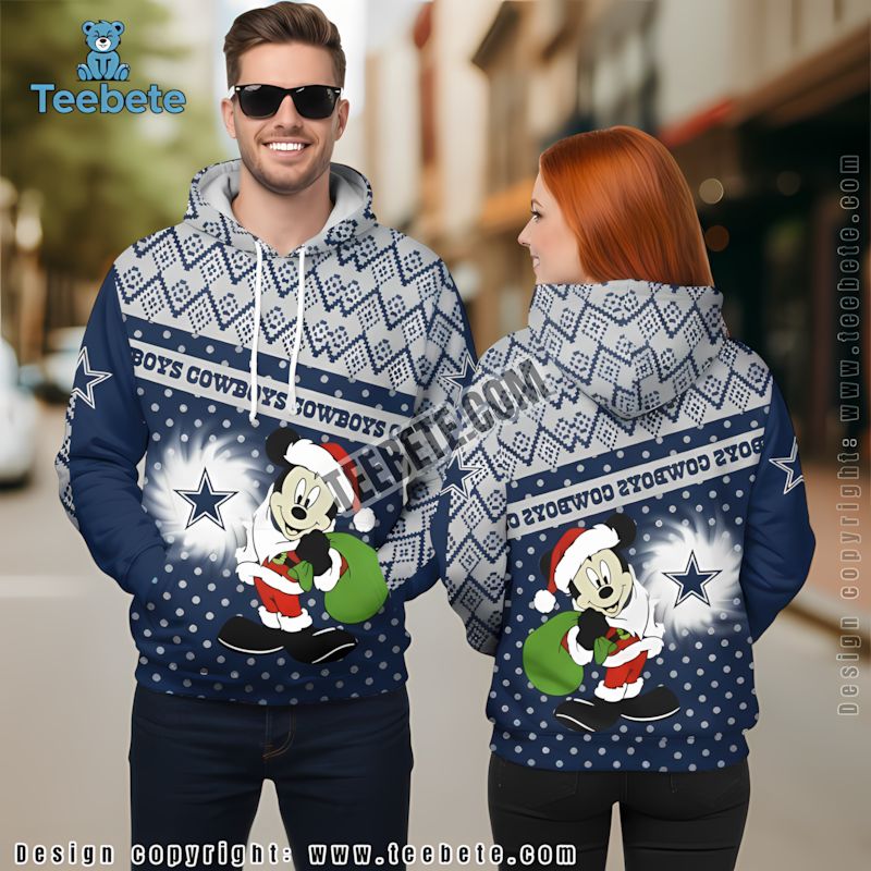 Dallas Cowboys Mickey Mouse Christmas 3D Hoodie Blue White Puff Print