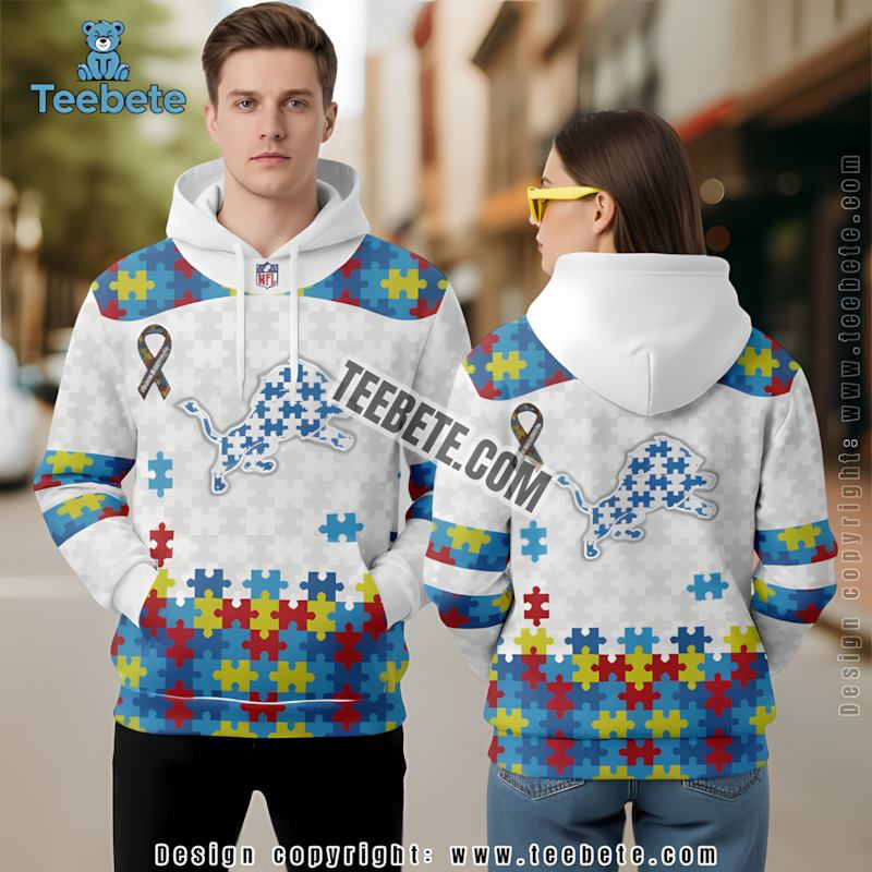 Detroit Lions Autism Awareness Puzzle Ribbon 3D Hoodie White Boys