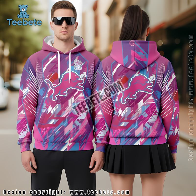 Detroit Lions Breast Cancer 3D Hoodie Zipper Pink