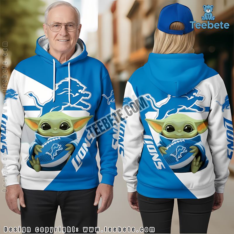 Detroit Lions Grogu Star Wars 3D Hoodie Blue White Graphic