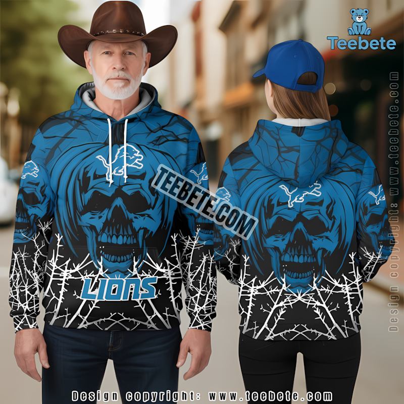 Detroit Lions Halloween Pumpkin Skull 3D Hoodie Blue Black Mens Graphic