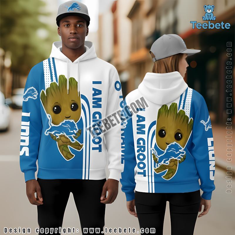 Detroit Lions I Am Groot 3D Hoodie Blue White Unisex