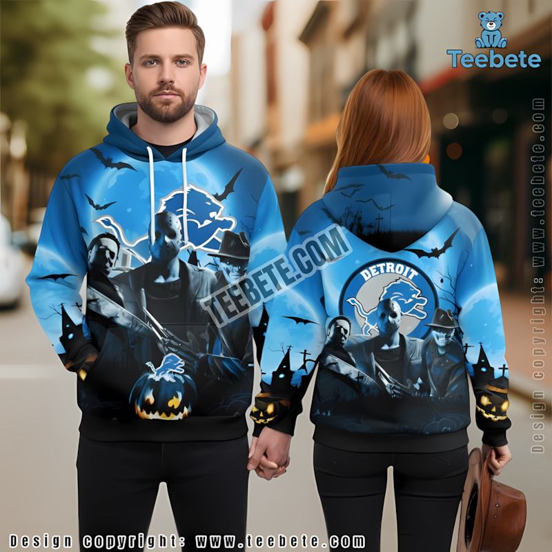 Detroit Lions Michael Myers Jason Voorhees 3D Hoodie Black Blue Mens