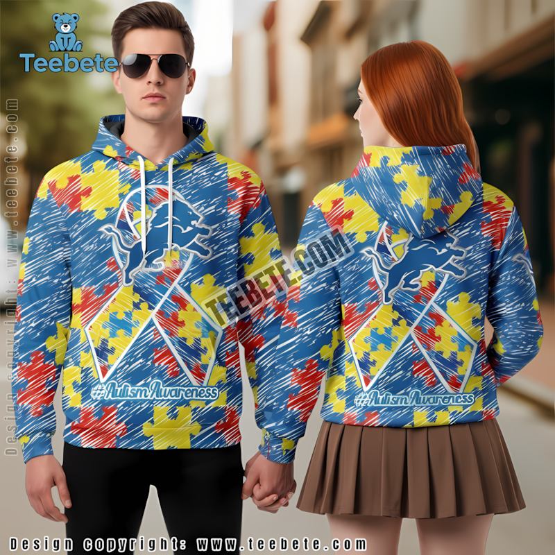 Detroit Lions Puzzle Autism Awareness 3D Hoodie Blue Graphic