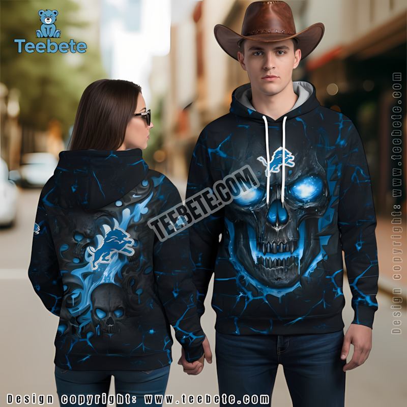 Detroit Lions Skull 3D Hoodie Black Blue Design