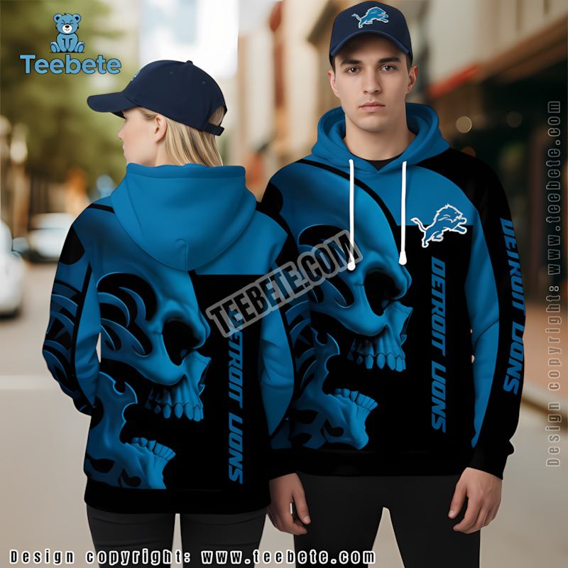 Detroit Lions Skull Halloween 3D Hoodie Blue White Puff Print Detroit Lions Skull Halloween 3D Hoodie Blue White Puff Print