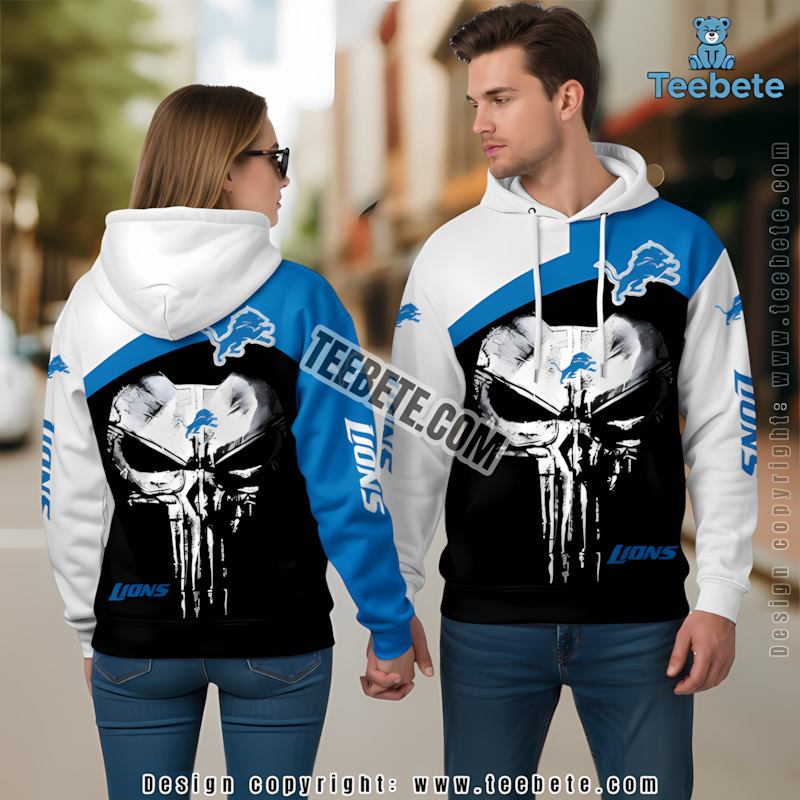 Detroit Lions Skull Punisher 3D Hoodie Blue Black Boys
