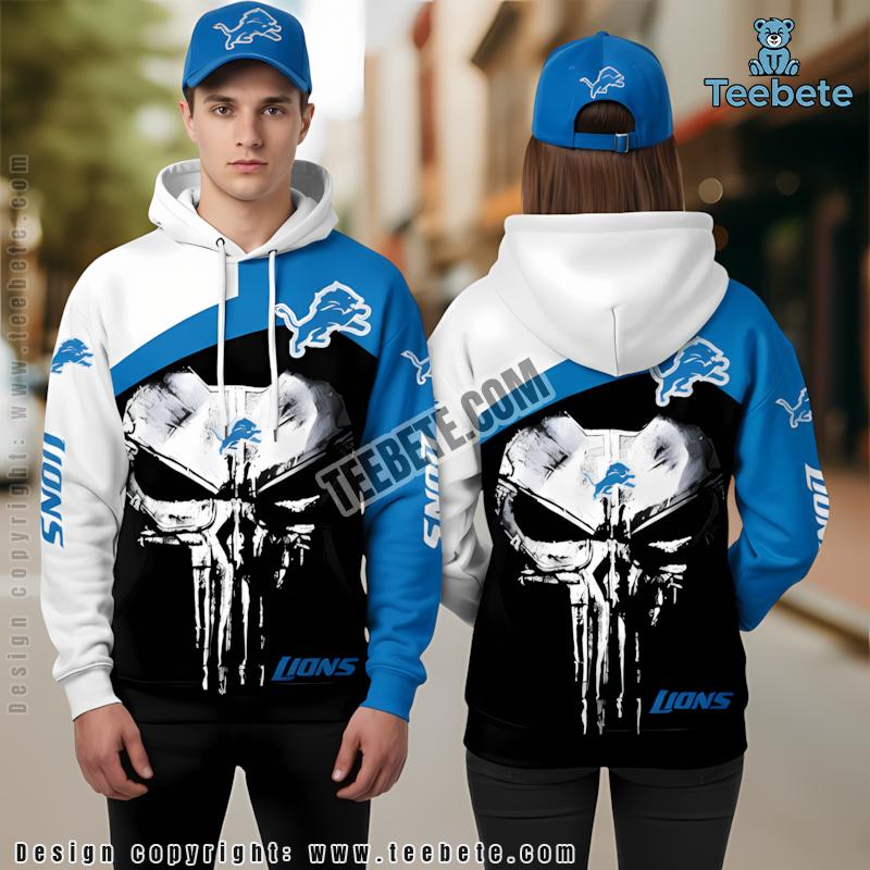 Detroit Lions Skull Punisher 3D Hoodie White Blue Men