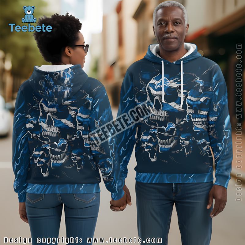 Detroit Lions Skull Scary 3D Hoodie Blue Puff Print