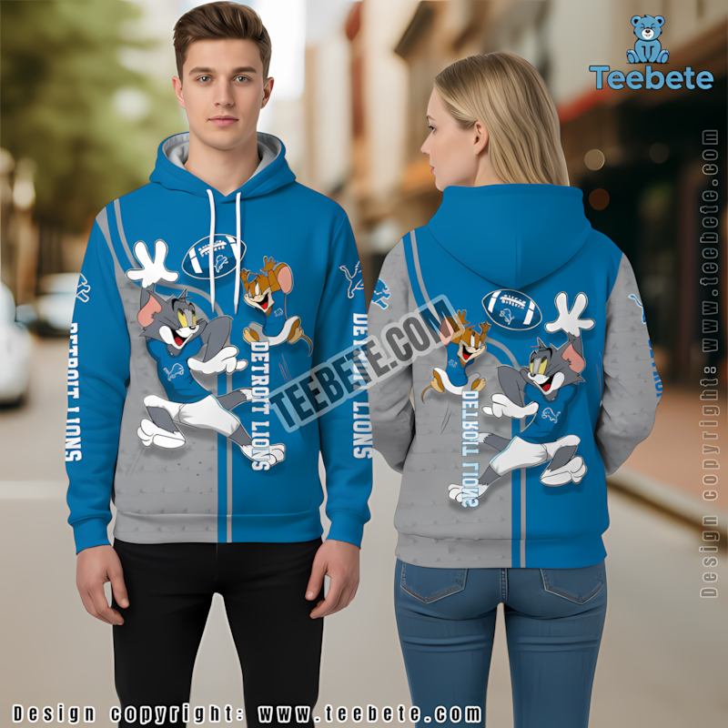 Detroit Lions Tom And Jerry 3D Hoodie Grey Blue Graphic