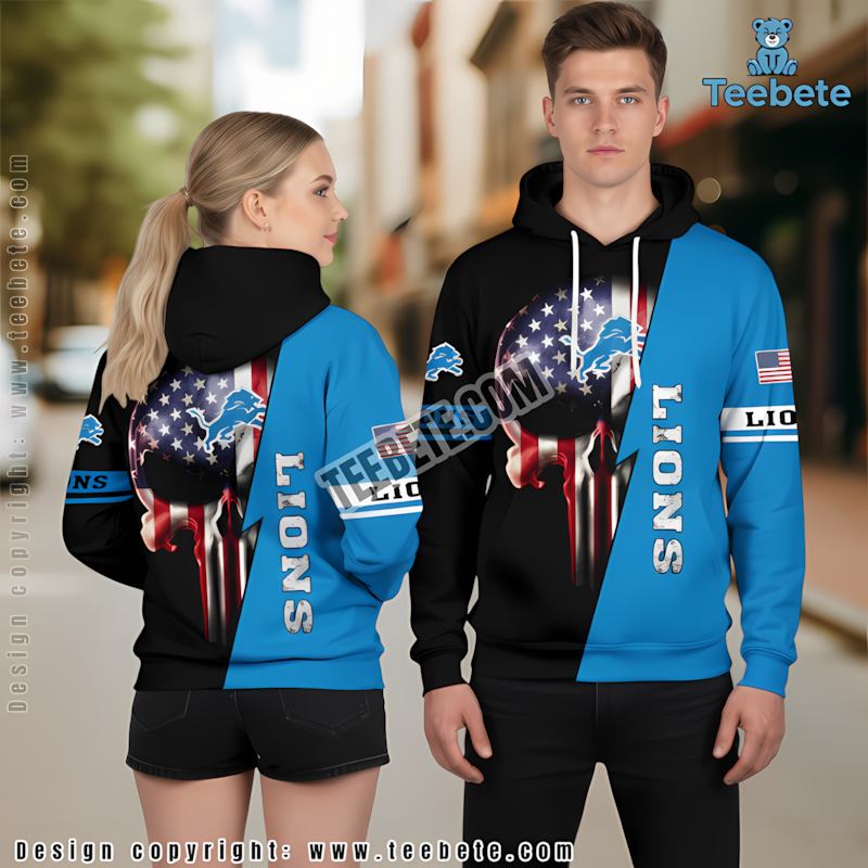 Detroit Lions Flag Skull 3D Hoodie Blue Black Graphic