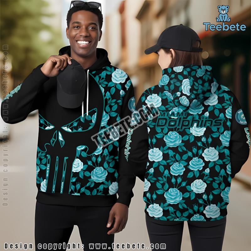 Miami Dolphins Floral Skull 3D Hoodie Black Blue Mens Graphic