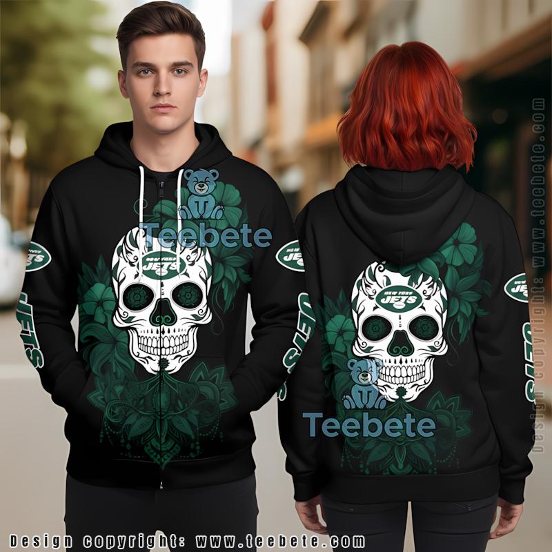 New York Jets Flower Skull 3D Hoodie Black Green Graphic