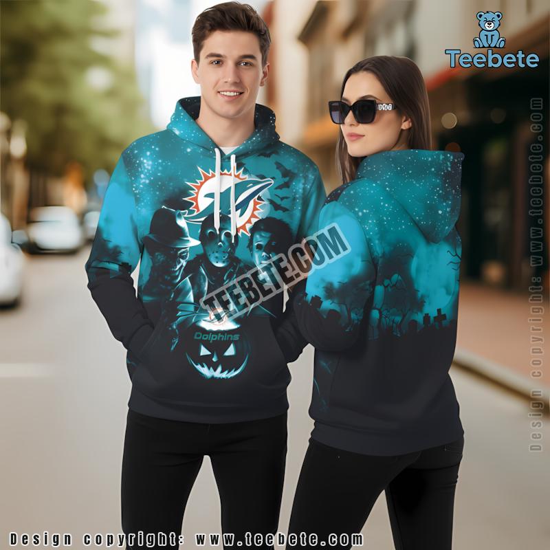 Miami Dolphins Freddy Krueger Jason Voorhees Halloween 3D Design Hoodie Blue Black