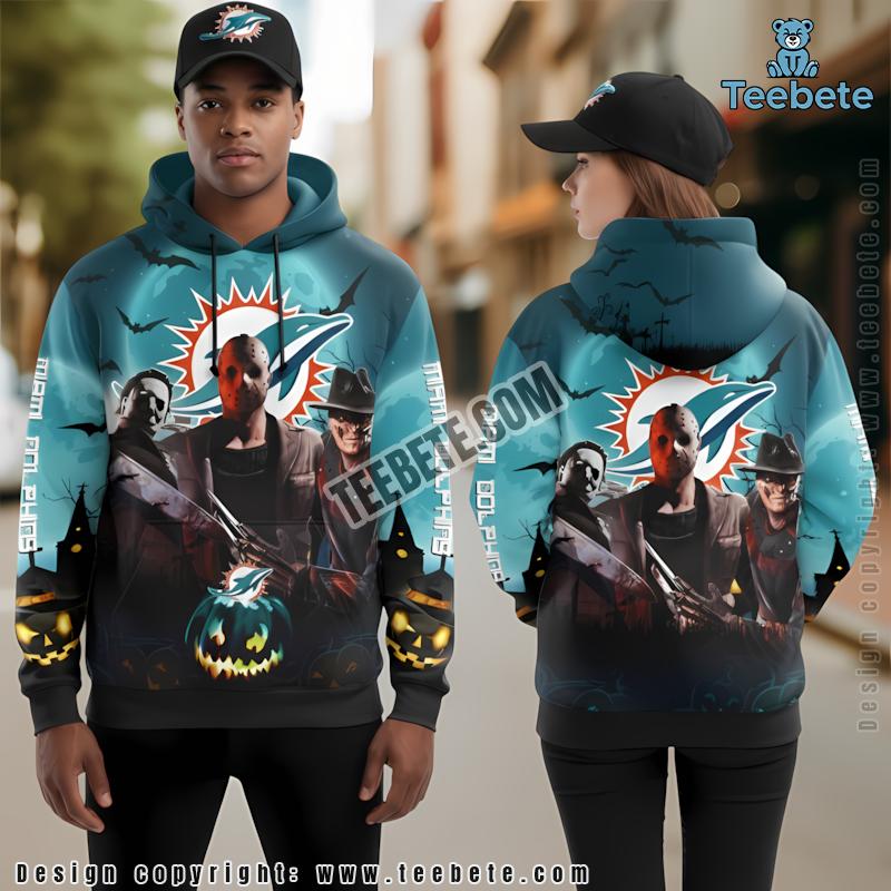 Miami Dolphins Freddy Krueger Michael Myers Halloween 3D Hoodie Blue Black Men