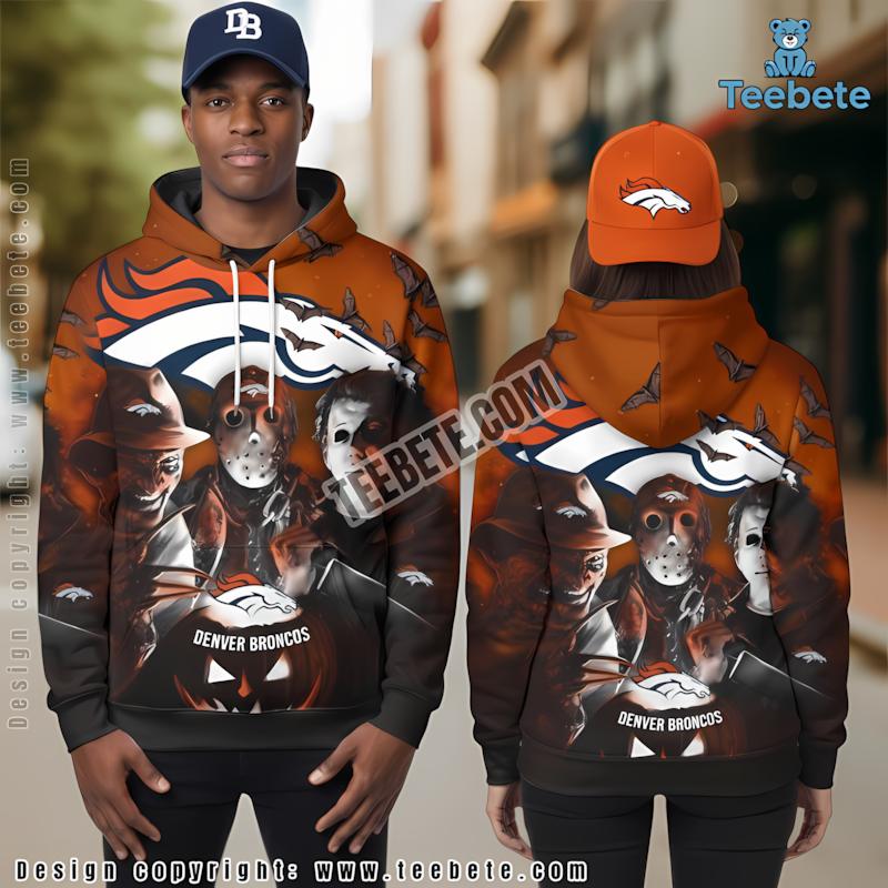 Denver Broncos Freddy Michael Myers Jason 3D Hoodie Orange Mens