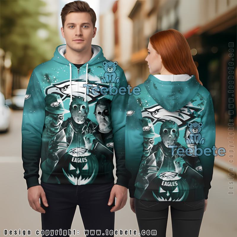 Philadelphia Eagles Freddy Michael Myers Pumpkin 3D Hoodie Blue Unisex