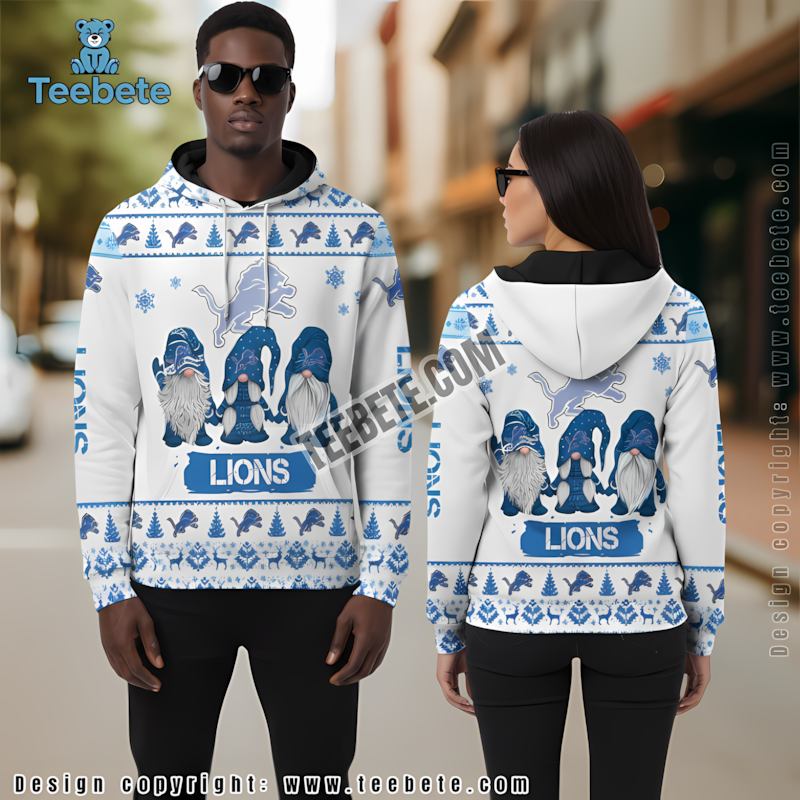 Detroit Lions Gnomes Christmas 3D Hoodie Blue White Graphic