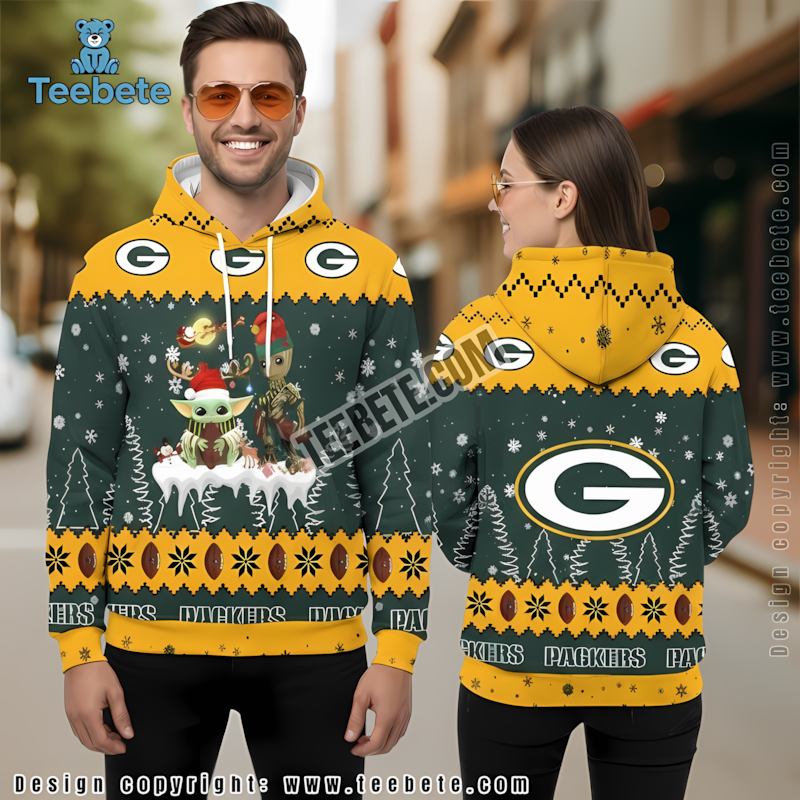 Green Bay Packers Grogu Groot Ugly Christmas 3D Hoodie Yellow