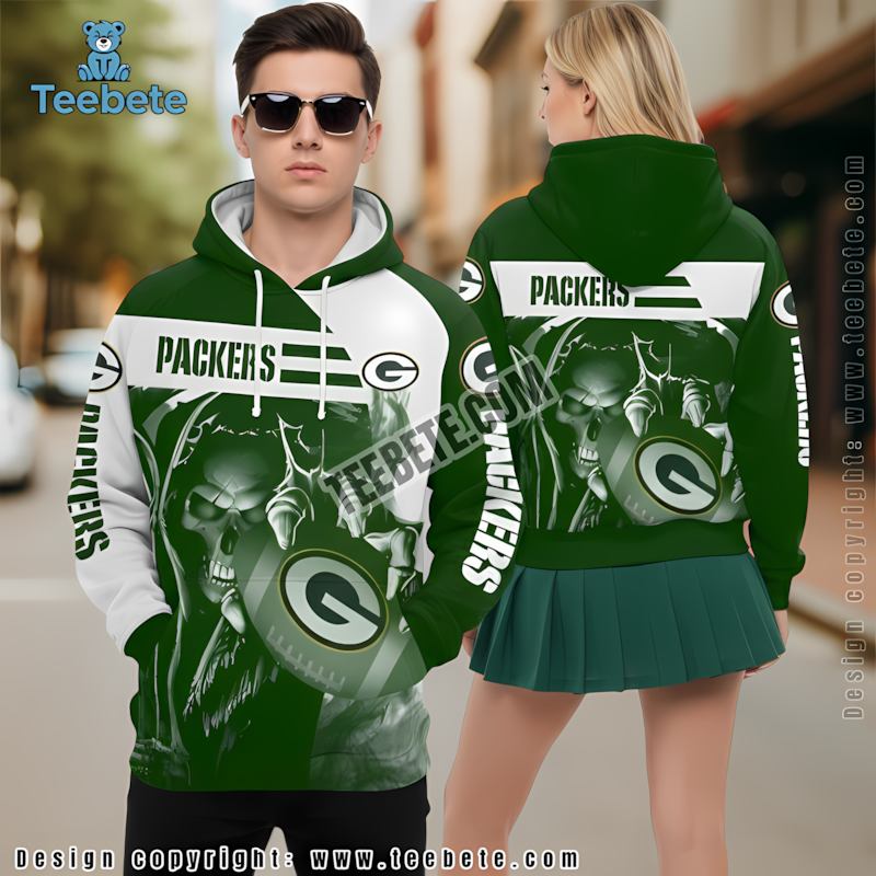 Green Bay Packers Skull Death Hold 3D Hoodie White Green Girls